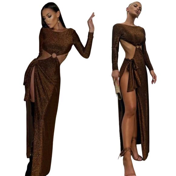 MESHKI Christina Backless Cut out Dress Long Sleeve Brown Gold Metallic NEW XXS - Picture 3 of 12